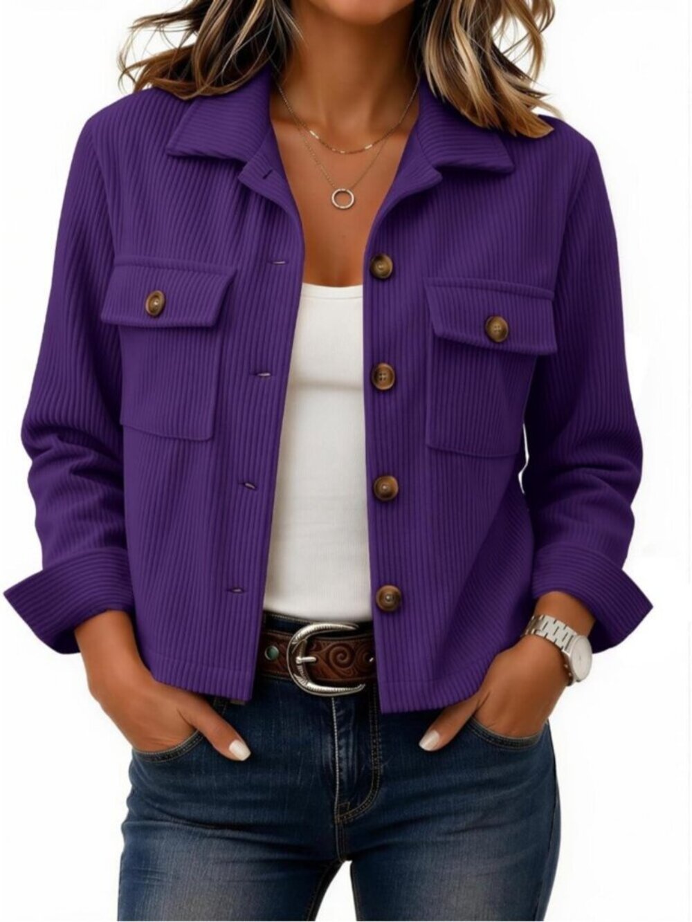 Women's Purple Ribbed Knit Button-Down Flap Pockets Long Sleeve Cropped Shacket